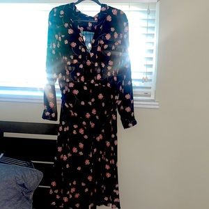 Black Floral Button Up Dress with Tie -XL